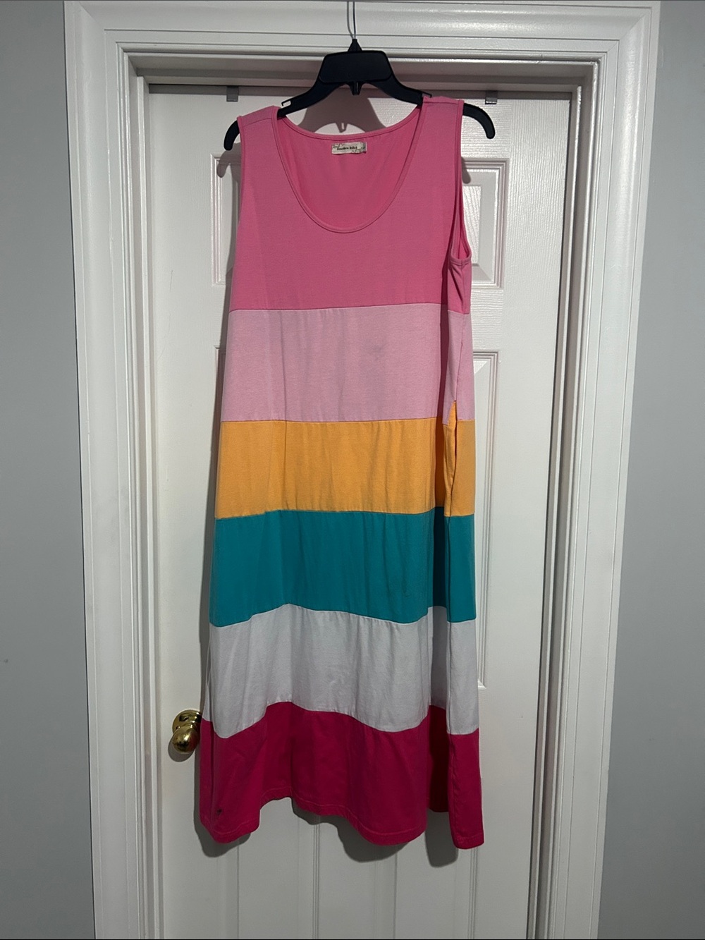 Striped Sleeveless Colorblock maxi Dress - Pink, Yellow, Teal with pockets